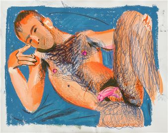 A stylized figure reclines in a loose, sketchy composition with bold colors and expressive lines.