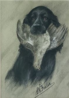 A black dog holding a bird in its mouth, rendered in soft pastel tones.