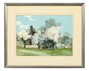 A framed watercolor landscape of a blossoming garden with a church tower.