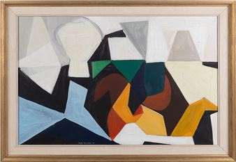 A geometric portrait in a gold frame.
