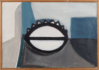 A geometric abstract painting featuring a stylized eye-like shape against a muted color palette.