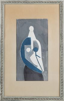 A framed abstract portrait featuring a stylized figure in blue, white, and grey tones.