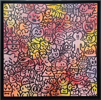 A dense, colorful pop-art collage of cartoon faces and figures in a rainbow gradient.