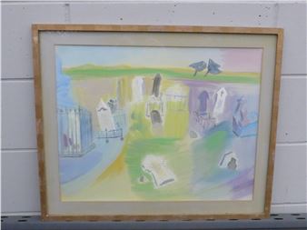 A pastel landscape painting of a graveyard with colorful tombstones and trees.