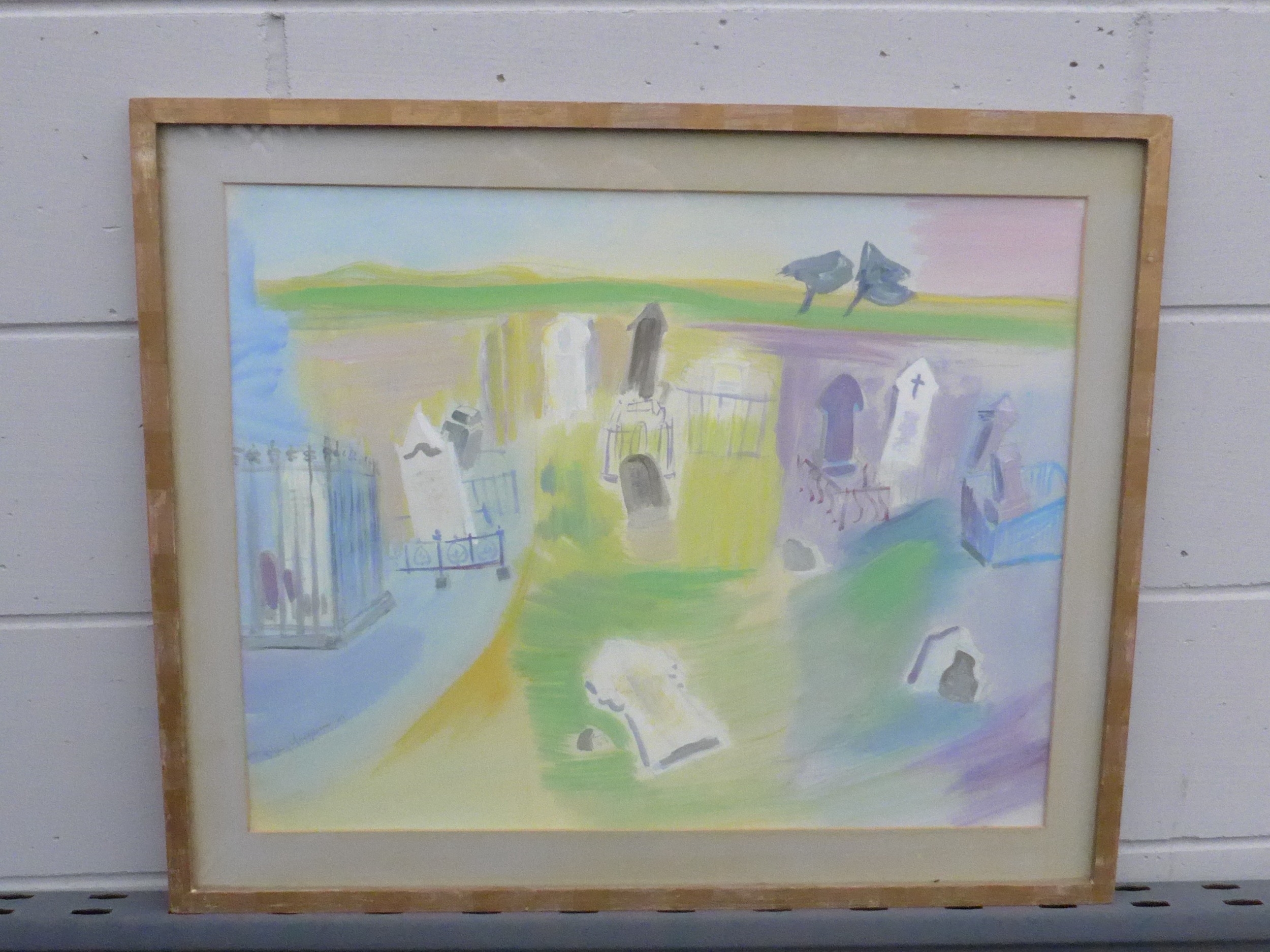 A pastel landscape painting of a graveyard with colorful tombstones and trees.