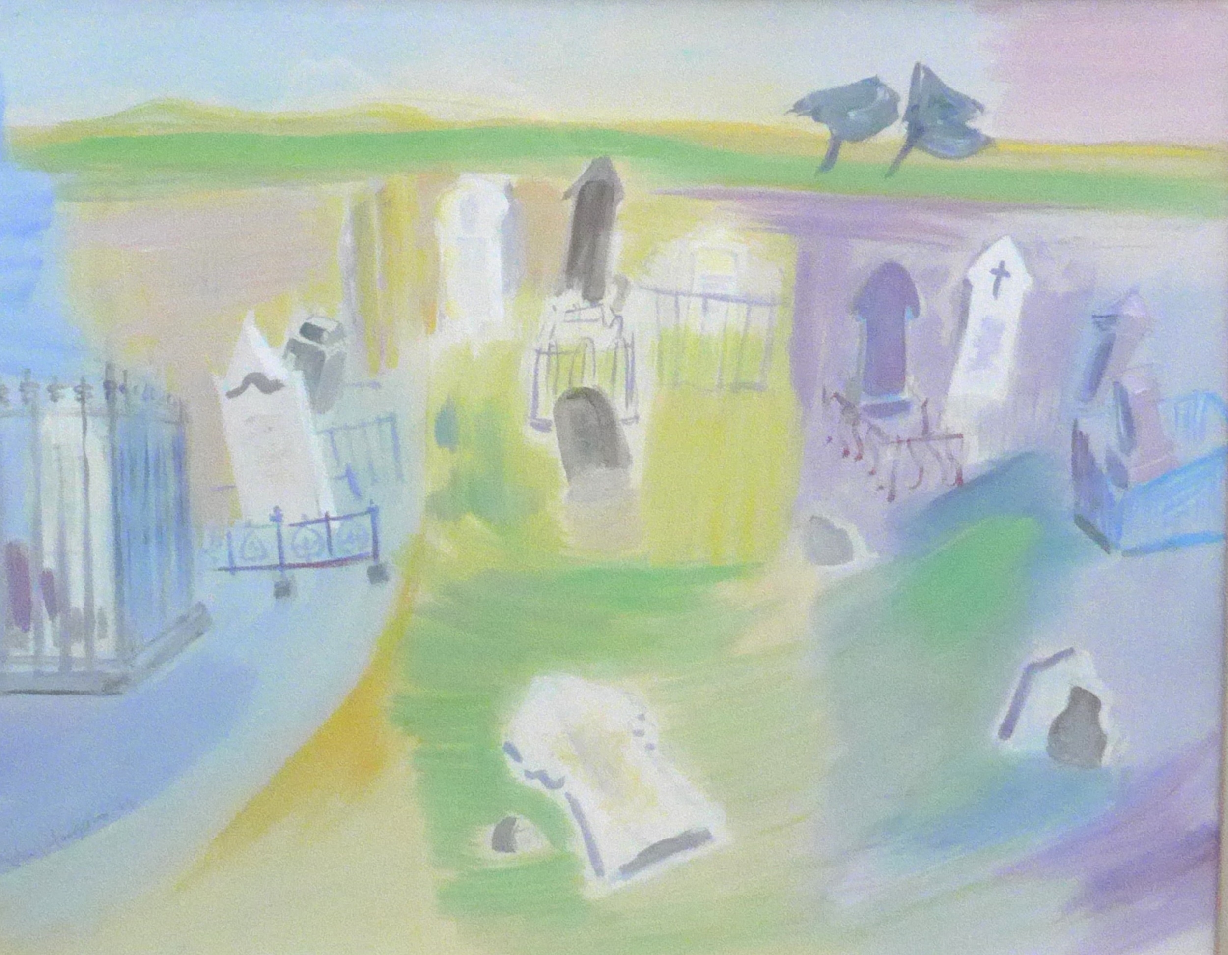 A pastel landscape painting of a graveyard with colorful tombstones and trees.