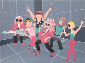 A vibrant pop-art illustration of a rock band performing in a tiled room.