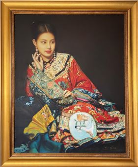 A portrait of a figure in ornate traditional robes holding a decorative fan, framed in gold.