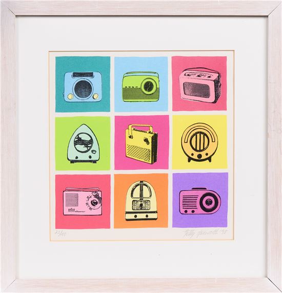 A colorful grid of nine vintage radio illustrations in a light wooden frame.