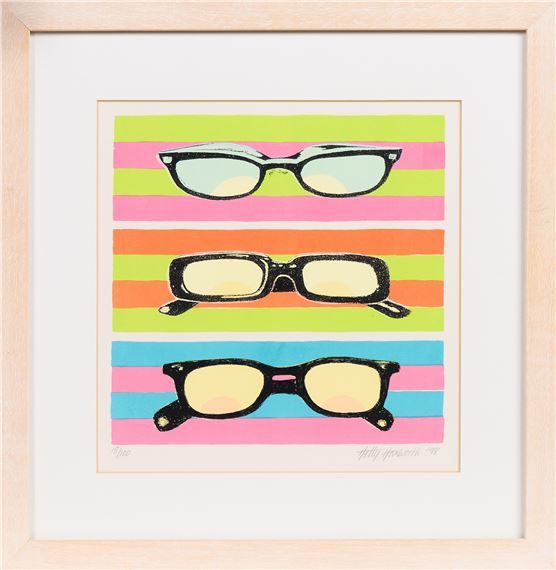 A colorful graphic print featuring three pairs of glasses against a striped background.