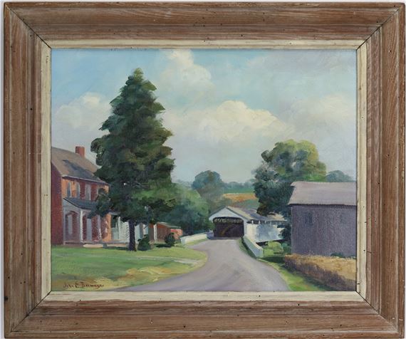 Impressionist rural landscape with farmhouse and road leading to wooden covered bridge - John Emil Berninger