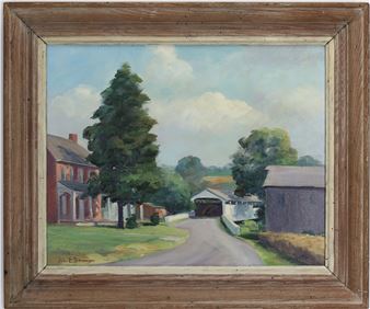 A rural landscape painting featuring a covered bridge, a red brick house, and a large tree under a cloudy sky.