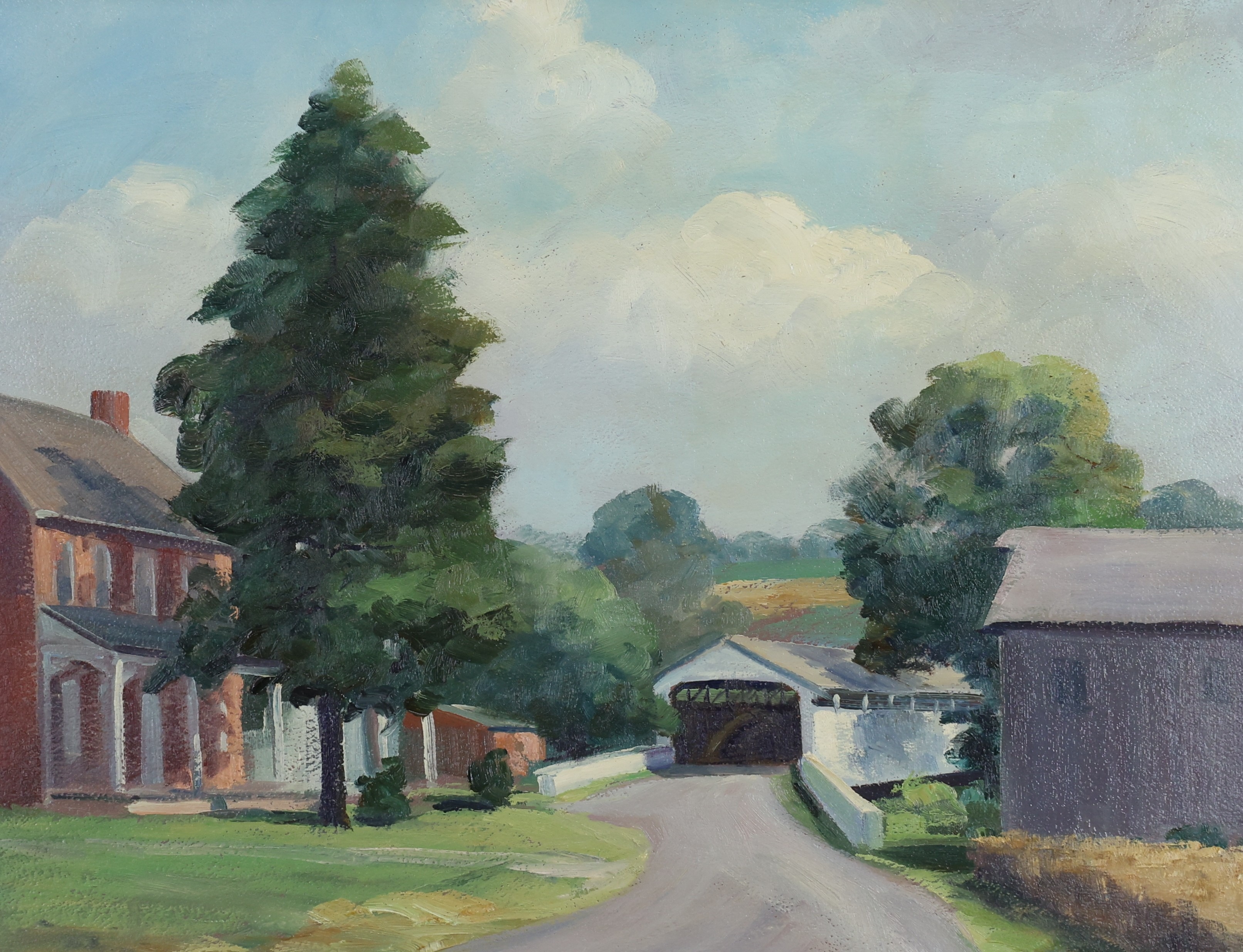 A rural landscape painting featuring a covered bridge, a red brick house, and a large tree under a cloudy sky.