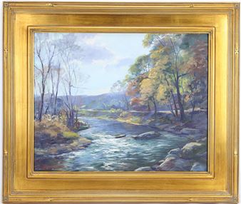A serene landscape painting of a river flowing through a wooded valley, framed in ornate gold.