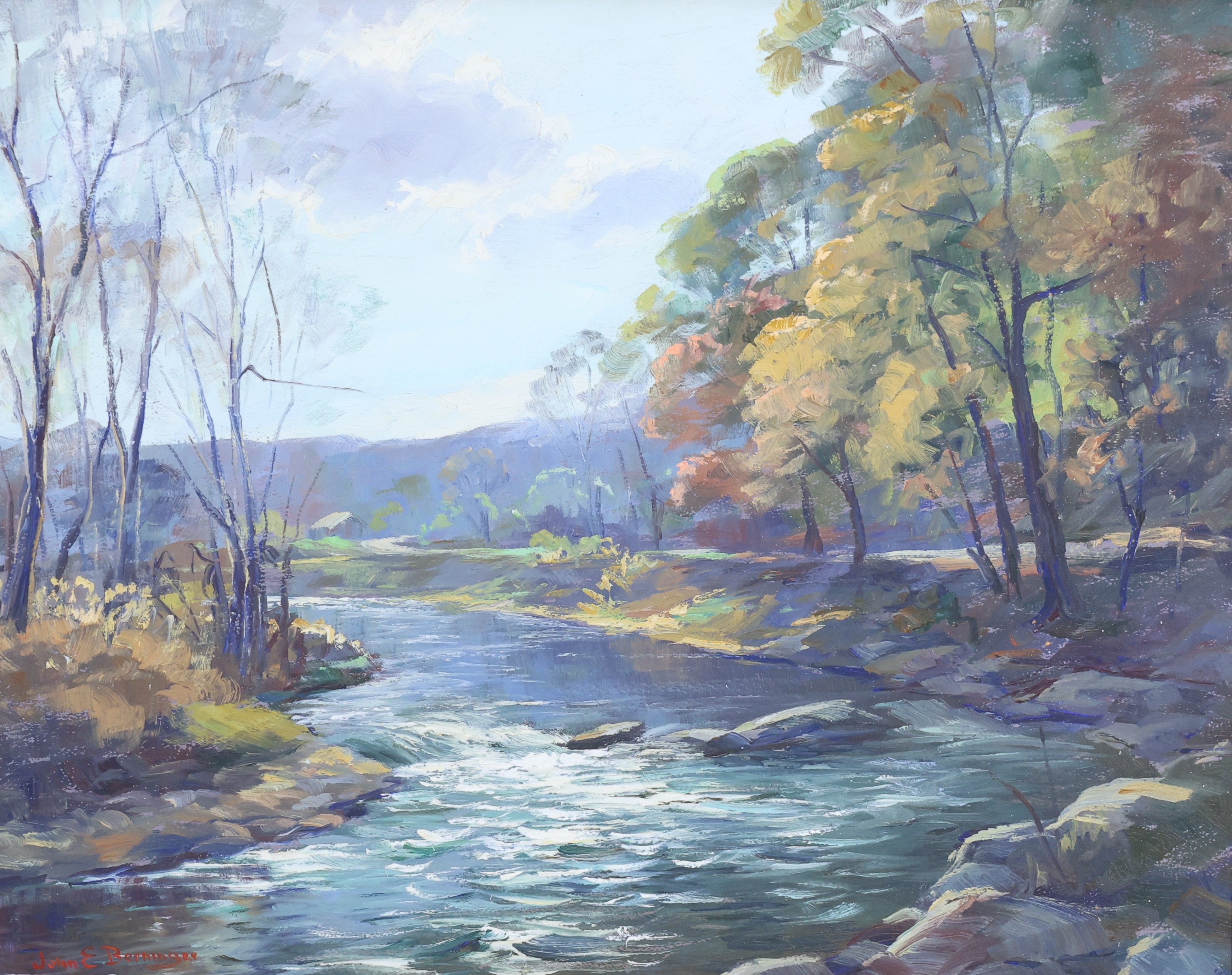 A serene landscape painting of a river flowing through a wooded valley, framed in ornate gold.