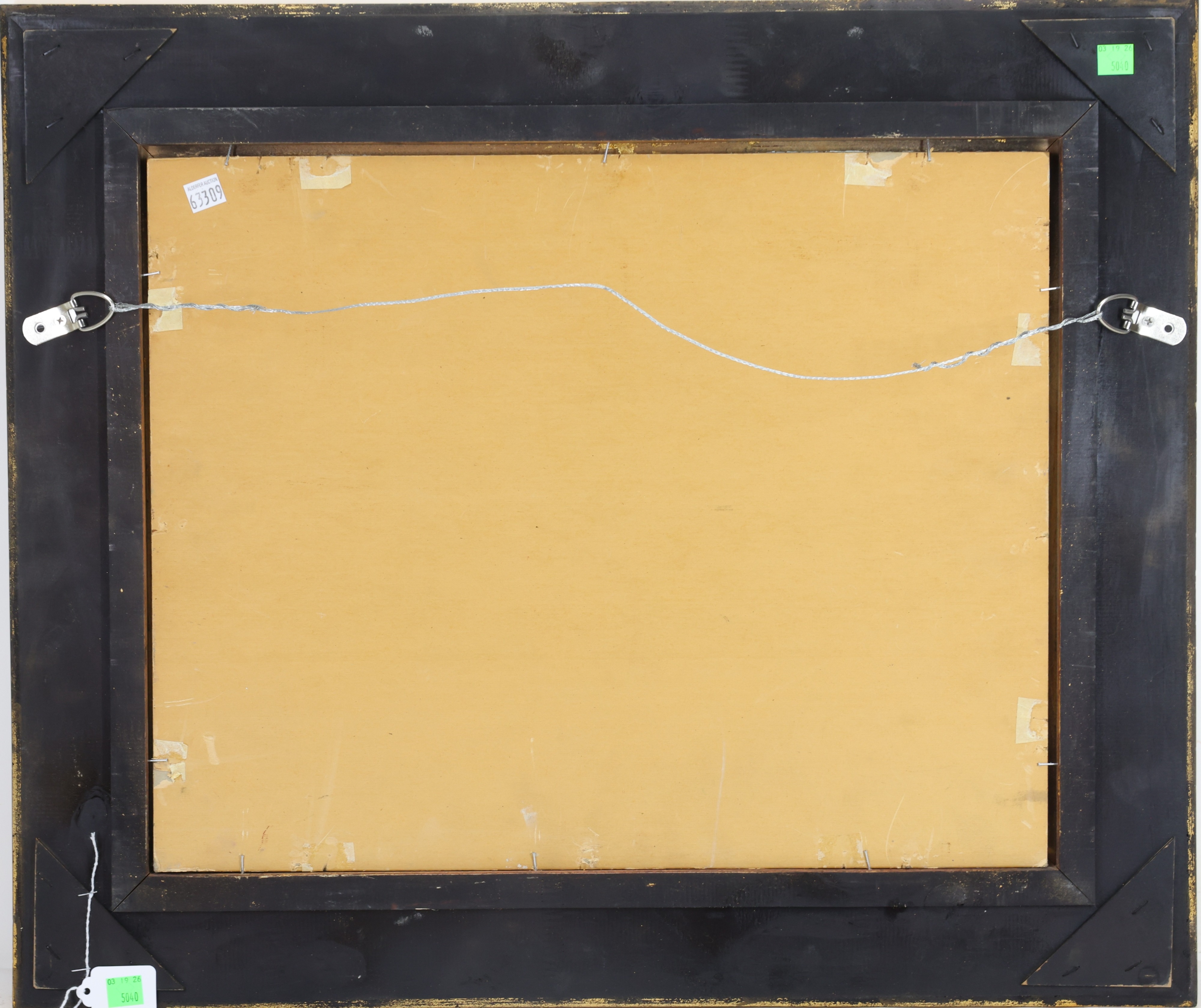 A serene landscape painting of a river flowing through a wooded valley, framed in ornate gold.