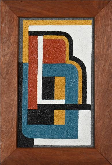 A framed abstract composition featuring geometric shapes in bold primary and secondary colors.