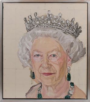 A portrait of an elderly figure wearing a jeweled crown and green earrings against a grid-lined background.