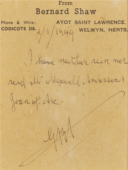 George Bernard Shaw | Autograph Note, initialed (1949) | MutualArt