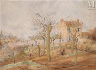 A muted landscape painting of a rural house surrounded by bare trees under an overcast sky.