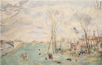 A loose, impressionistic landscape of a riverbank with figures and bare trees under a cloudy sky.