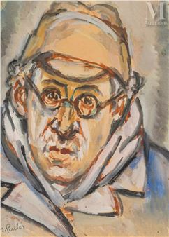 A loose, expressive portrait of a figure with glasses and a cap.