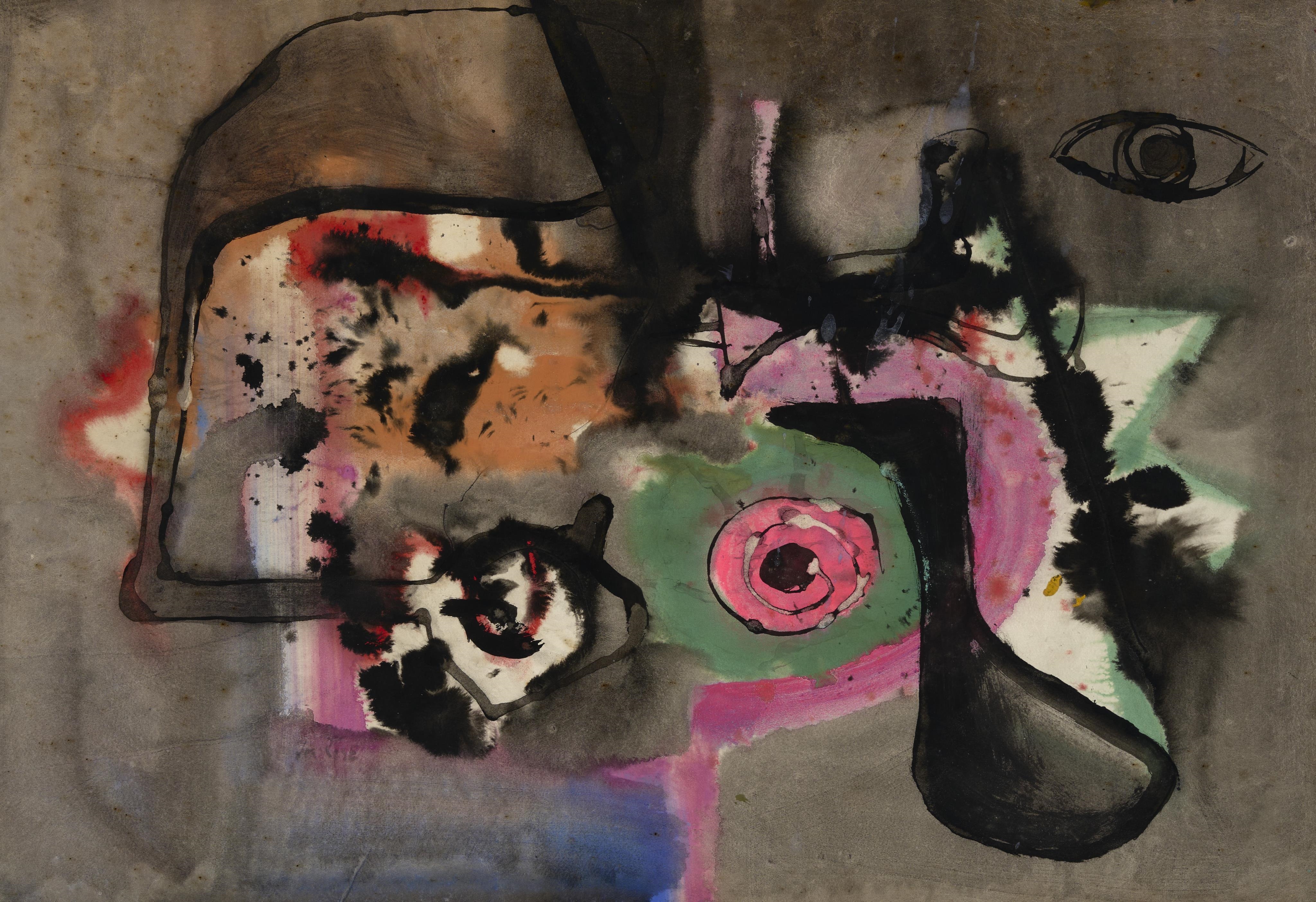 An abstract composition featuring a fragmented face with bold colors and expressive brushwork.