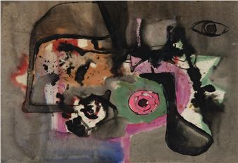 An abstract composition featuring a fragmented face with bold colors and expressive brushwork.