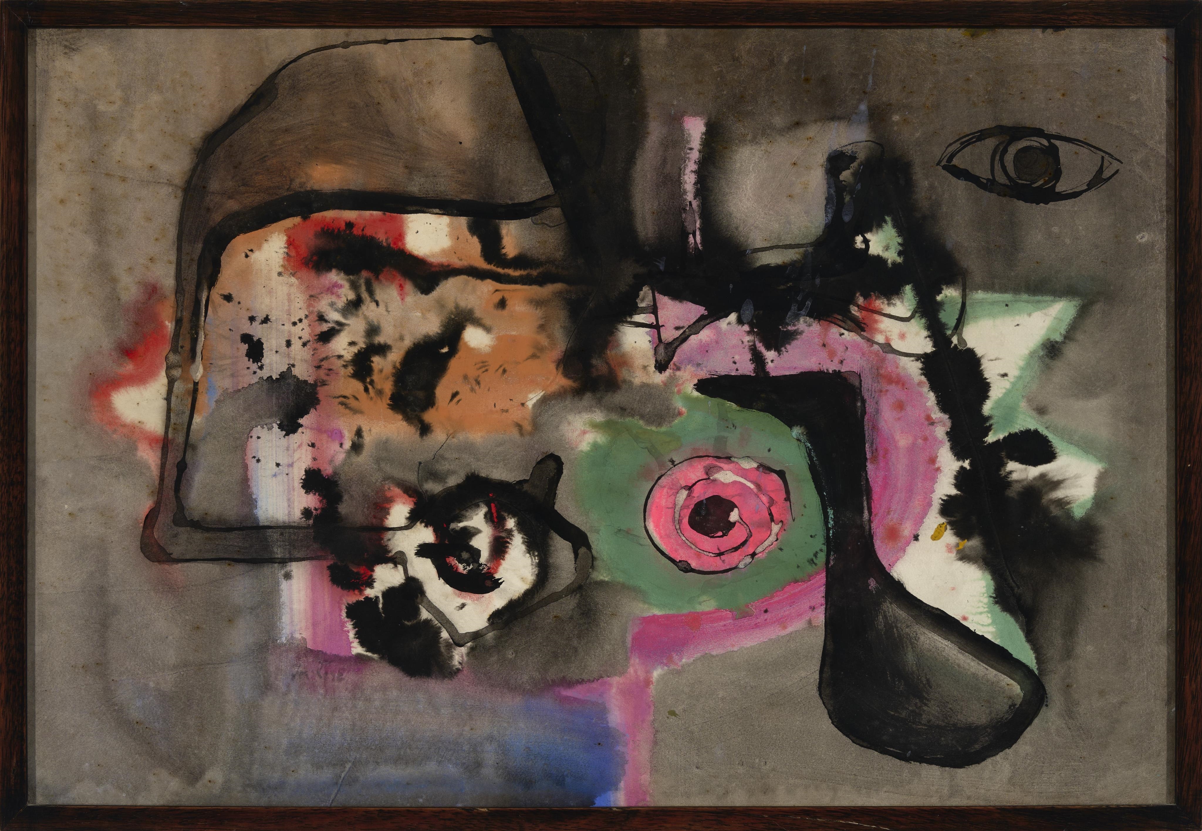 An abstract composition featuring a fragmented face with bold colors and expressive brushwork.