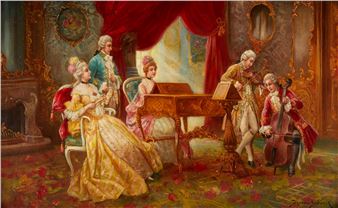 A formal group portrait of eight figures in 18th-century attire gathered around a harpsichord in an ornate, gilded room.