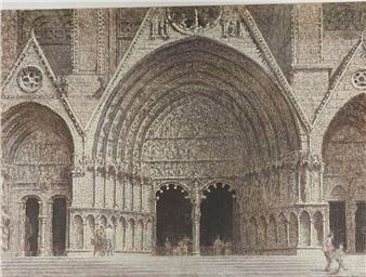 A detailed architectural sketch of a grand Gothic cathedral facade with intricate stone carvings and arched portals.