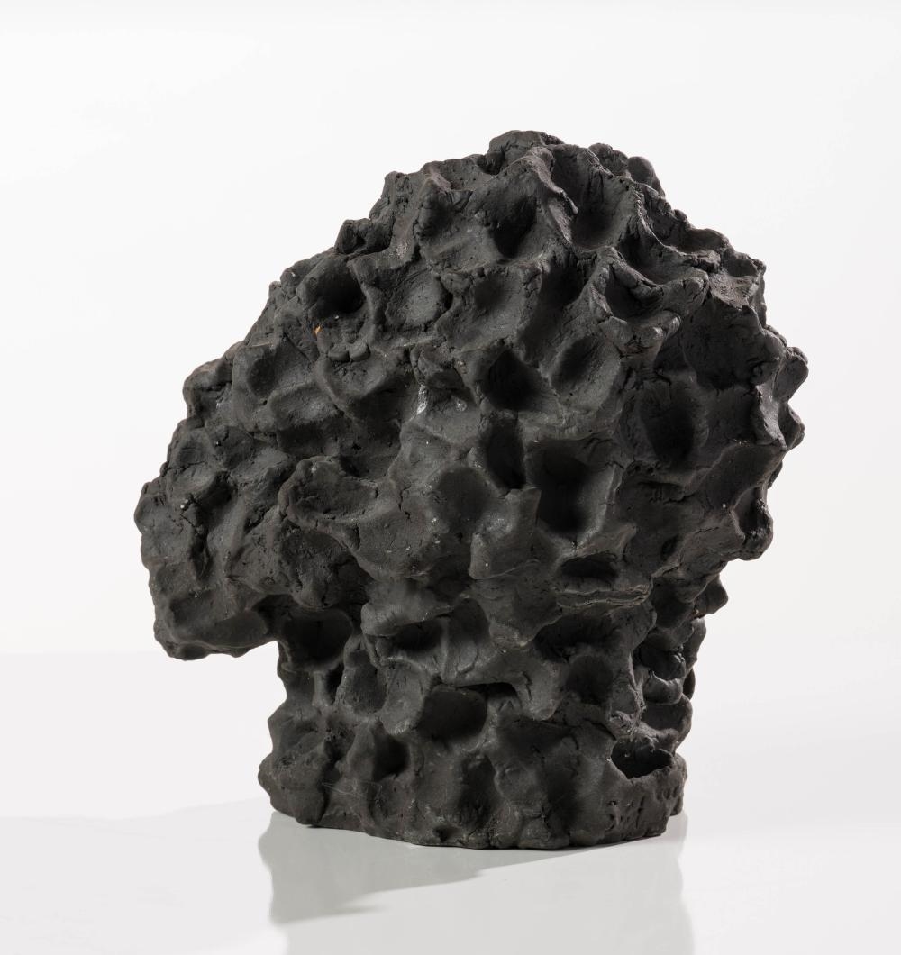 A dark, textured sculpture resembling a crumpled mass or organic form.
