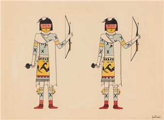 A symmetrical illustration of two identical figures in traditional attire holding bows.