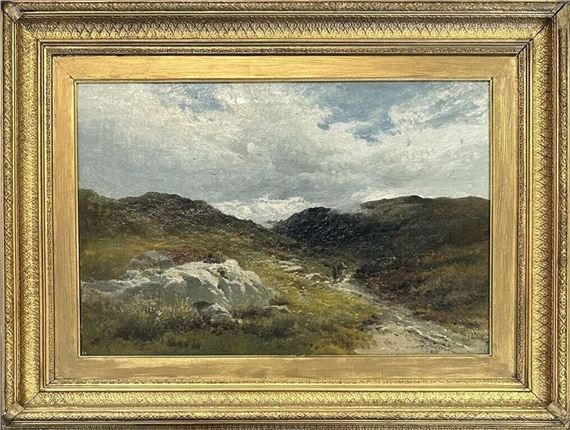 A landscape painting of a rocky hillside under a cloudy sky, framed in ornate gold.