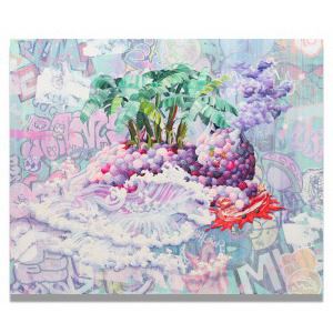 A surreal still life featuring a pineapple and grapes resting on a cloud-like surface against a graffiti background.