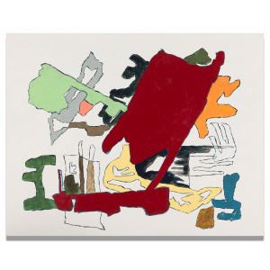A vibrant abstract composition featuring bold red and green shapes against a neutral background.