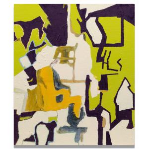 A vibrant abstract composition featuring bold geometric shapes and a striking color palette.