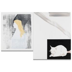 A minimalist triptych featuring a profile silhouette, abstract brushstrokes, and a white cat on black.