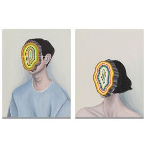 A diptych of two figures with their faces replaced by colorful, layered geometric shapes.