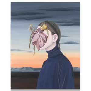 A surreal portrait of a figure in profile with a blooming flower emerging from their face against a twilight sky.