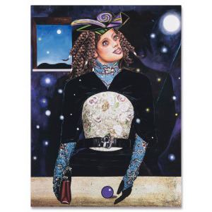 A whimsical portrait of a figure in a velvet coat and ornate hat against a starry night sky.
