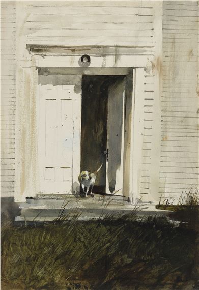 A watercolor painting of a small animal standing in the open doorway of a weathered white house.