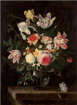 A painting of flowers in a vase on a table.