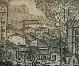 A detailed etching of a dense hillside village with a castle on the distant slope.