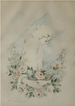 A soft watercolor portrait of a figure in profile, framed by a lush floral arrangement.