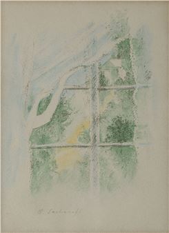 A soft, impressionistic view through a window into a green landscape.