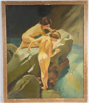 A painting of two naked women on a rocky shoreline.
