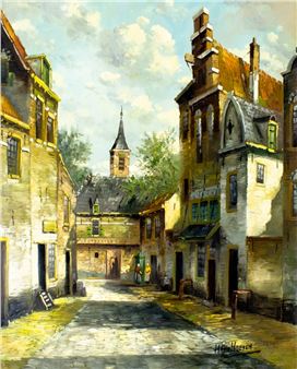 A sunlit European street scene with historic buildings and a distant church spire.