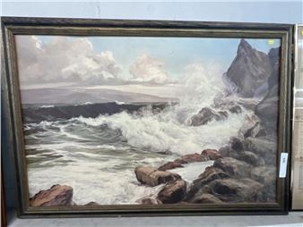 A dramatic seascape painting depicting crashing waves against jagged rocks under a cloudy sky.