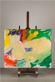 A colorful abstract painting on an easel featuring a nude figure in bold, expressive brushstrokes.
